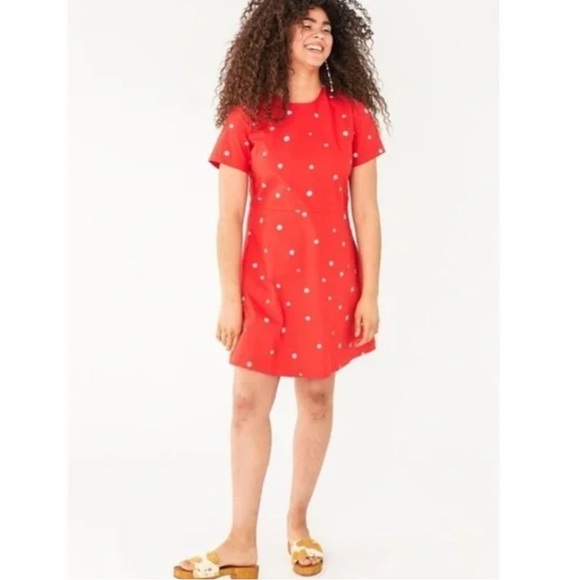 Ban.do Red Dress with Daisy White Floral Pattern Back Tie Front Pockets Sz Large - Picture 11 of 11